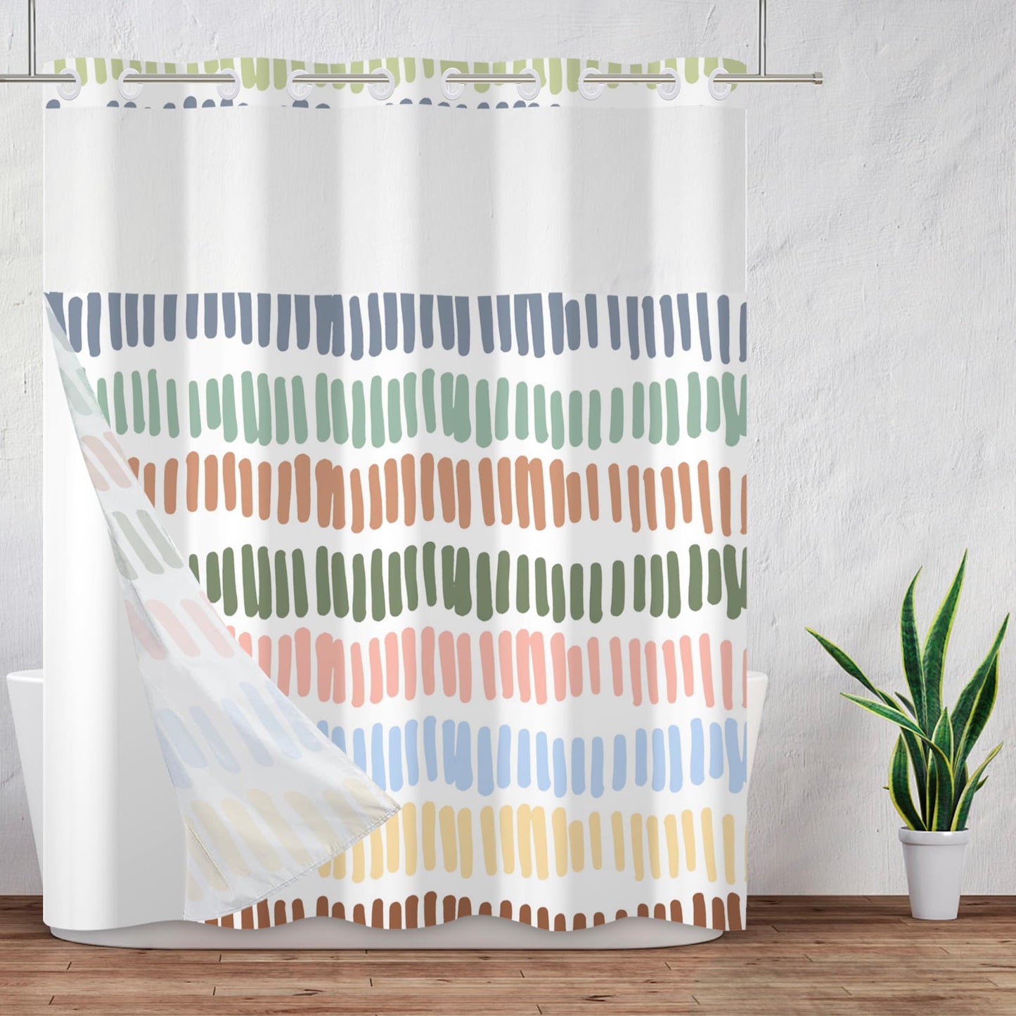 Baocicco No Hook Multicolour Stripe Shower Curtains with Snap-in Fabric Liner Set for Bathroom Rainbow Striped Hotel Shower Curtain and Liner Set See Through Shower Curtain with Window 71x74 Inch