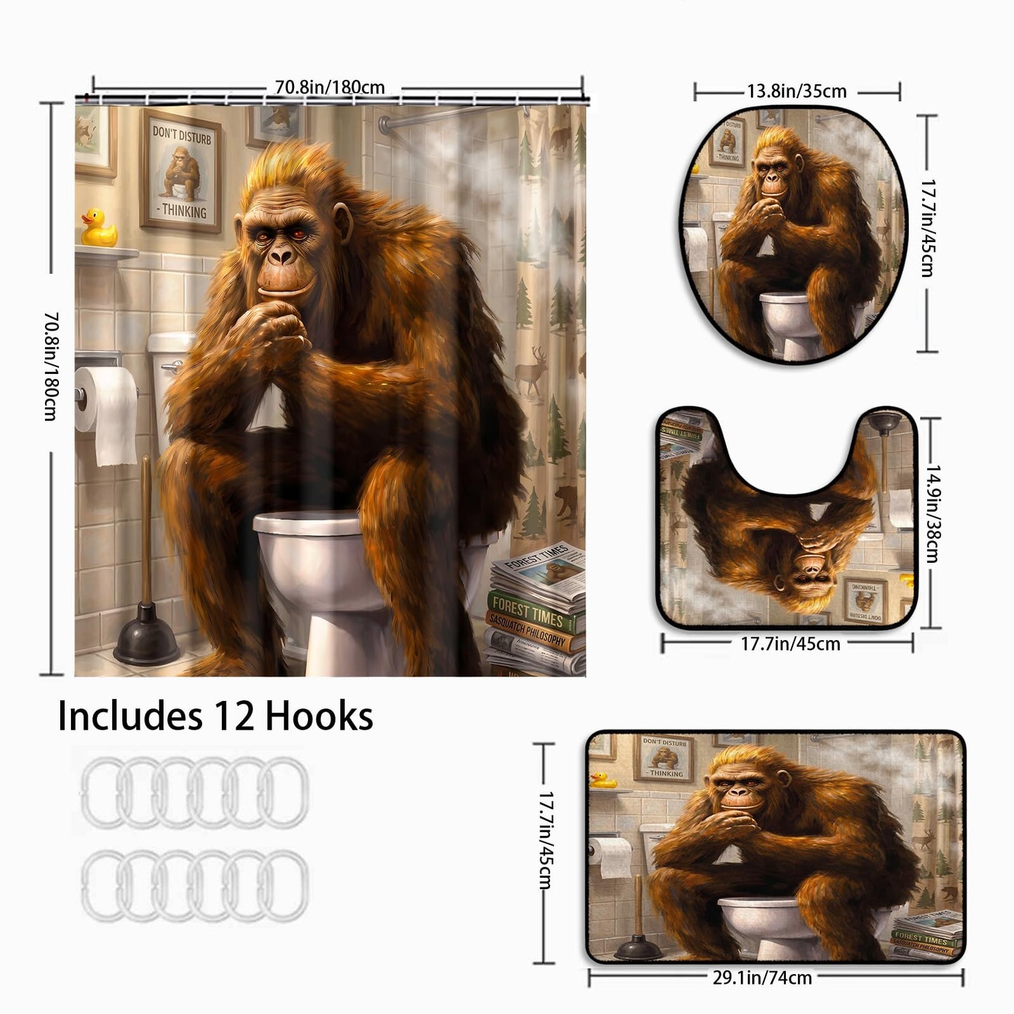 4 Piece Bigfoot Shower Curtain Sets with Non-Slip Bath Rugs, U-Shaped Mat & Toilet Lid Cover, 72x72 Inches Shower Curtain with 12 Hooks (Bigfoot Sitting On Toilet, Bigfoot Sitting On Toilet)