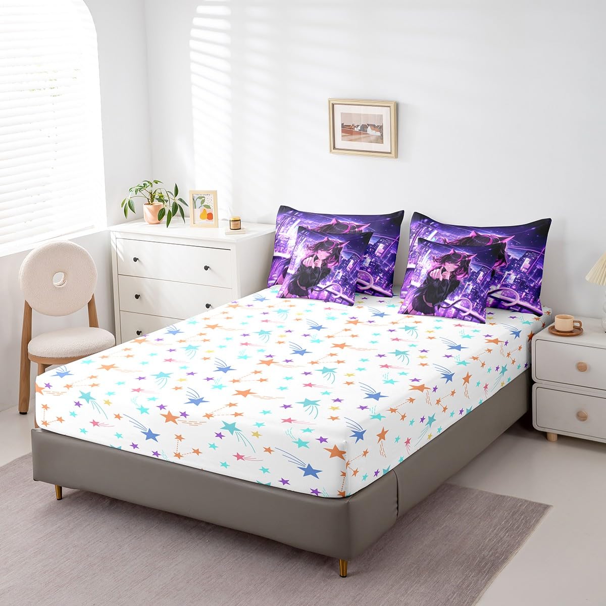 Erosebridal Kids Anime Girl Queen Comforter Set 7 Piece, Japanese Anime Bed in A Bag, Cartoon Girl Bedding Comforter Sets for Boys Teens Bedroom Decor, Kawaii Japanese Animation Bed Set
