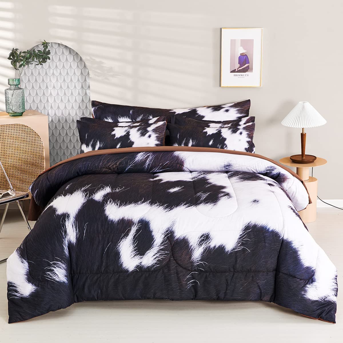 SUCSES Cow Print Bedding Comforter Set Full Size 8 Pieces Western Farmhouse Wrangler Bedding Set Highland Rustic Bed in A Bag Bed Set with Sheets for Boys(Cow Fur Pattern, Full)