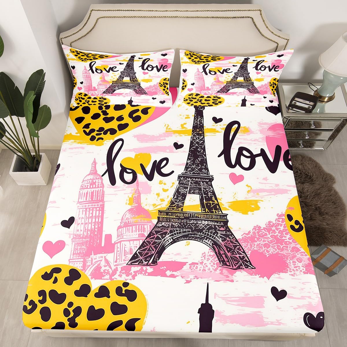 Eiffel Tower Fitted Sheet Full Size,Leopard Hearts Graffiti Bedding Set,Romantic Paris Bed Sheet 3 Pieces (No Flat Sheet),Modern Building Silhouette Deep Pocket Shee,2 Pillowcases