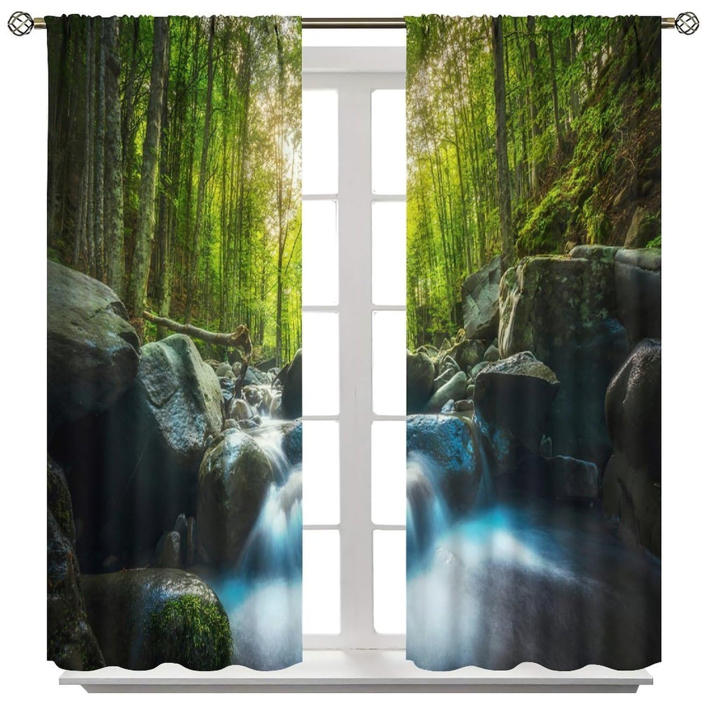 AuiMzoo Waterfall Forest Blackout Curtains Woodland Stream Forest Natural Scenery Bedroom, Living Room, Kitchen, Office Window Treatments42X45 Inch