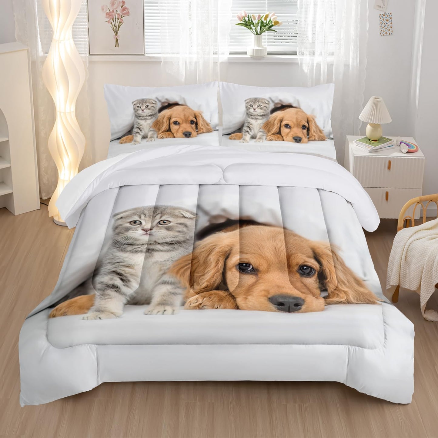 Nttopship Kids Cute 3D Dog Comforter Set 3 Piece Cat and Golden Retriever Bedding Set Twin Size for Kids Cute Pet Bedding Bed in A Bag Bed,Pet Room Decor Comforter with 2 Pillowcases