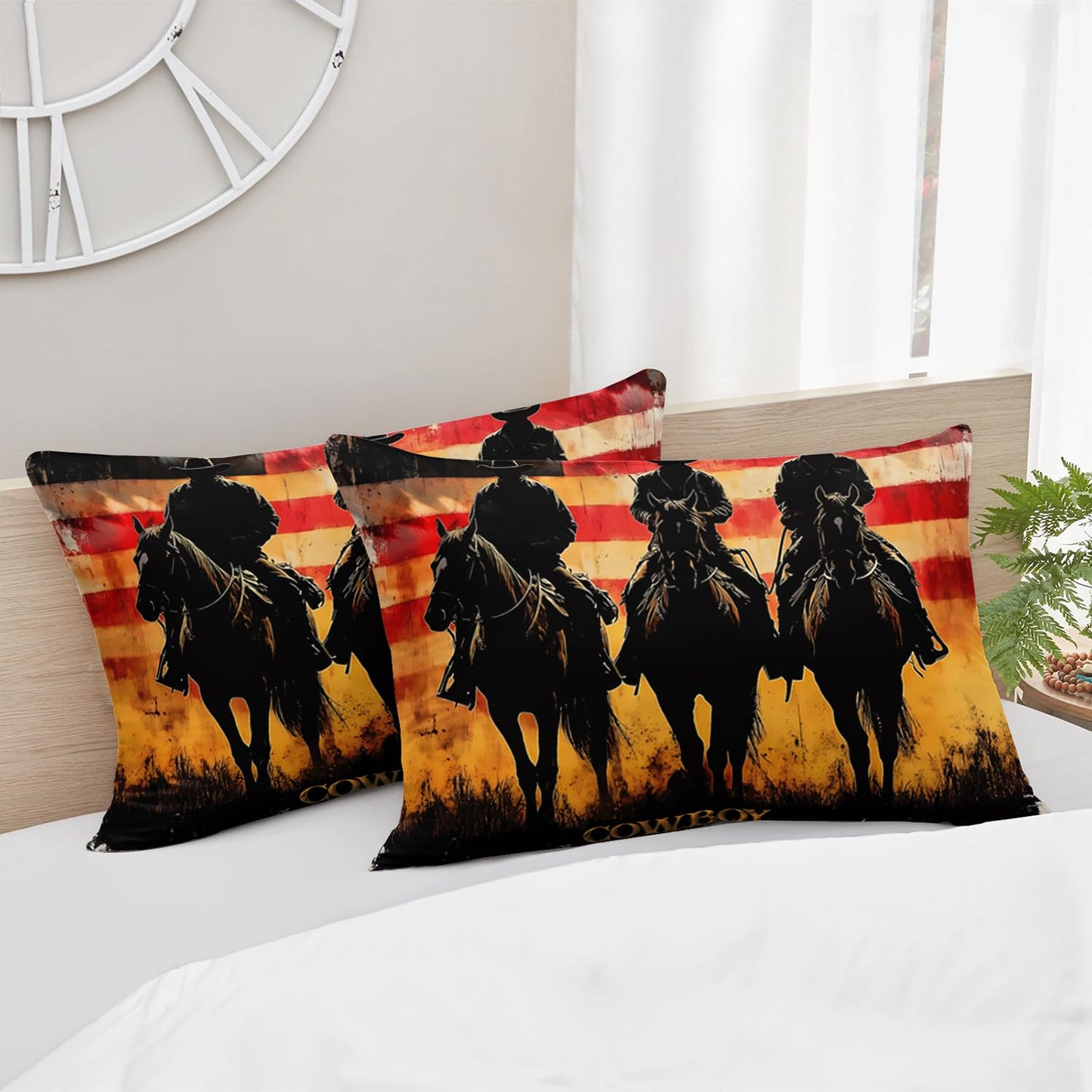 HOSIMA Cowboy Twin Fitted Sheet,Cowboys Riding Horses Print Western Bedding for Adults Teens Boys Room Decor,American Flag Background Pattern Country Bedding,1 Fitted Sheet+2 Pillowcases.