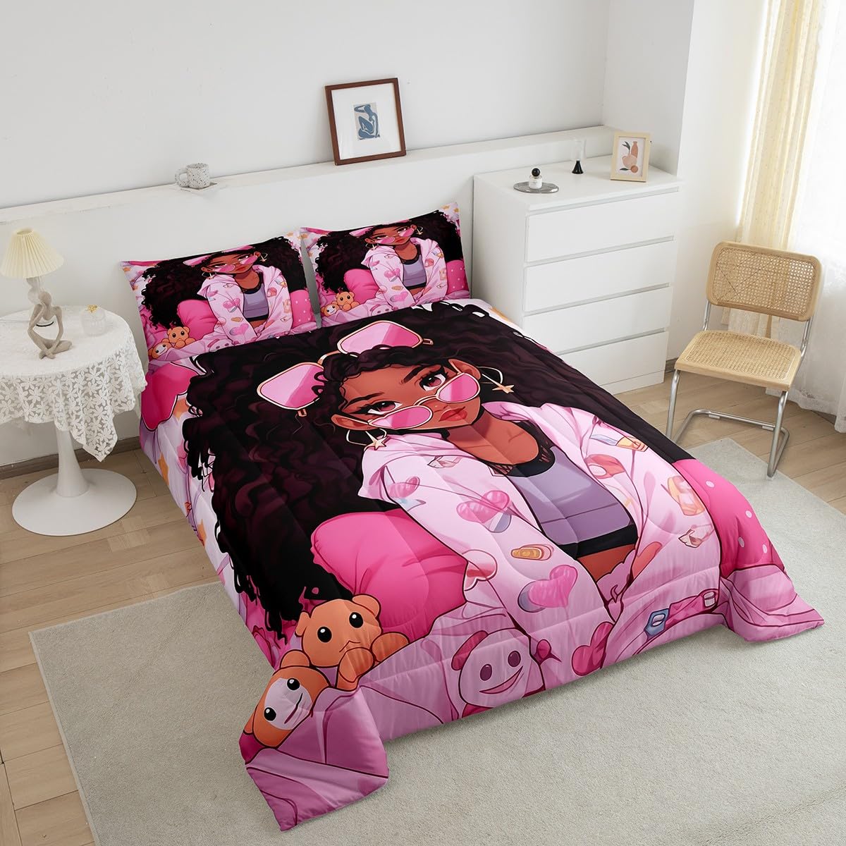 Black Little Girl Kids Comforter Set Full Size,Cartoon Bears Love Heart Dots Bedding Set,Girls Women Room Decor,Afro American Style Girls Down Comforter,Pink Princess Duvet Insert,2 Pillowcases