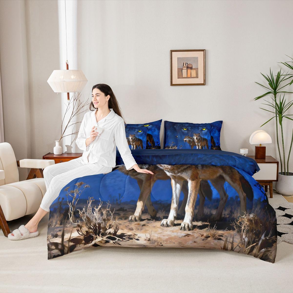 Feelyou Wolf Comforter Set Queen Size 7 Pieces Wolves Howling Bedding Set for Kids Boys Girls Western Farmhouse Bed in a Bag with Comforter, Sheets, Pillowcases, Cushion Covers Wild Animal
