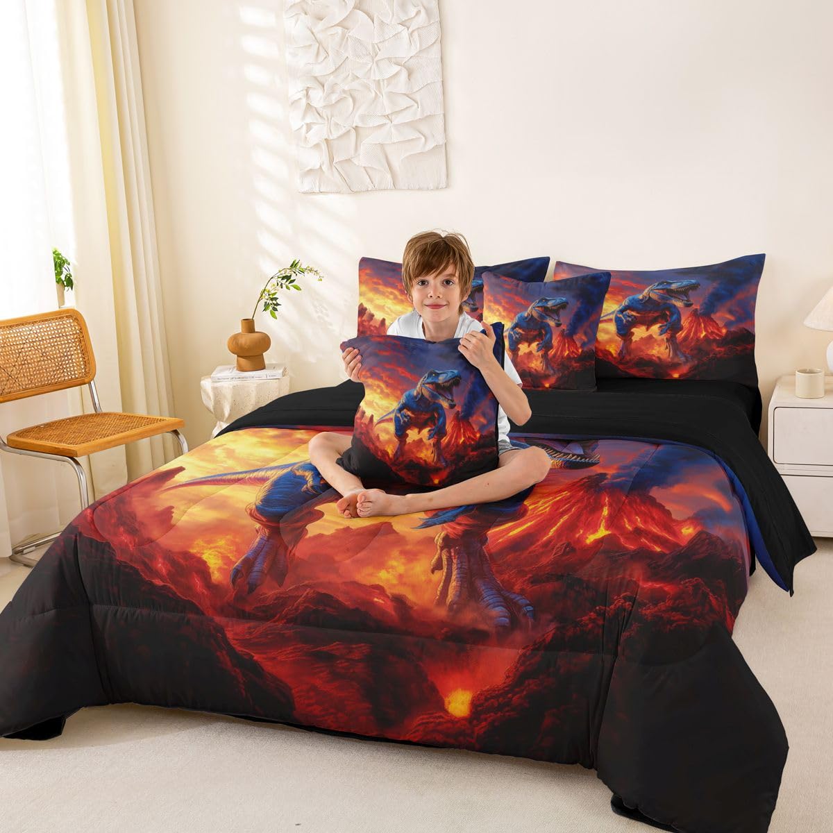 Feelyou Kids Dino Twin Comforter Set with Sheets for Kids Boys Girls Dinosaur 7 Pieces Bedding Set Ancient Jungle Dinosaur Bed in a Bag Volcano Room Decor Yellow Red Soft Lightweight Microfiber