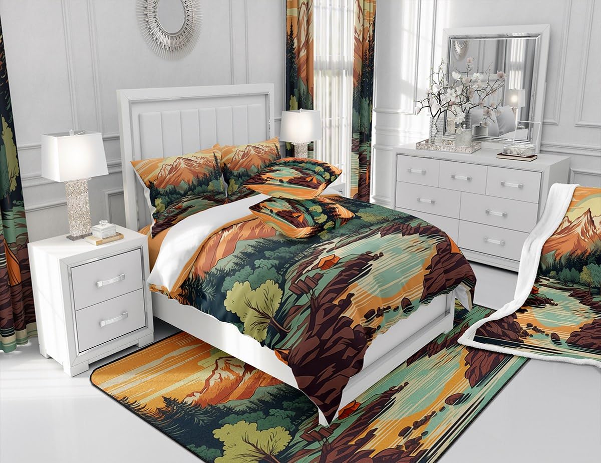 Mountain River Duvet Cover Set Full Size,Retro Adventure Theme Comforter Cover 3Pcs,Nature Scenery Tent Bedding Set Kids Boys Girls Room Decor,Camping Bedspreads Cover,2 Pillowcases(NO Comforter)