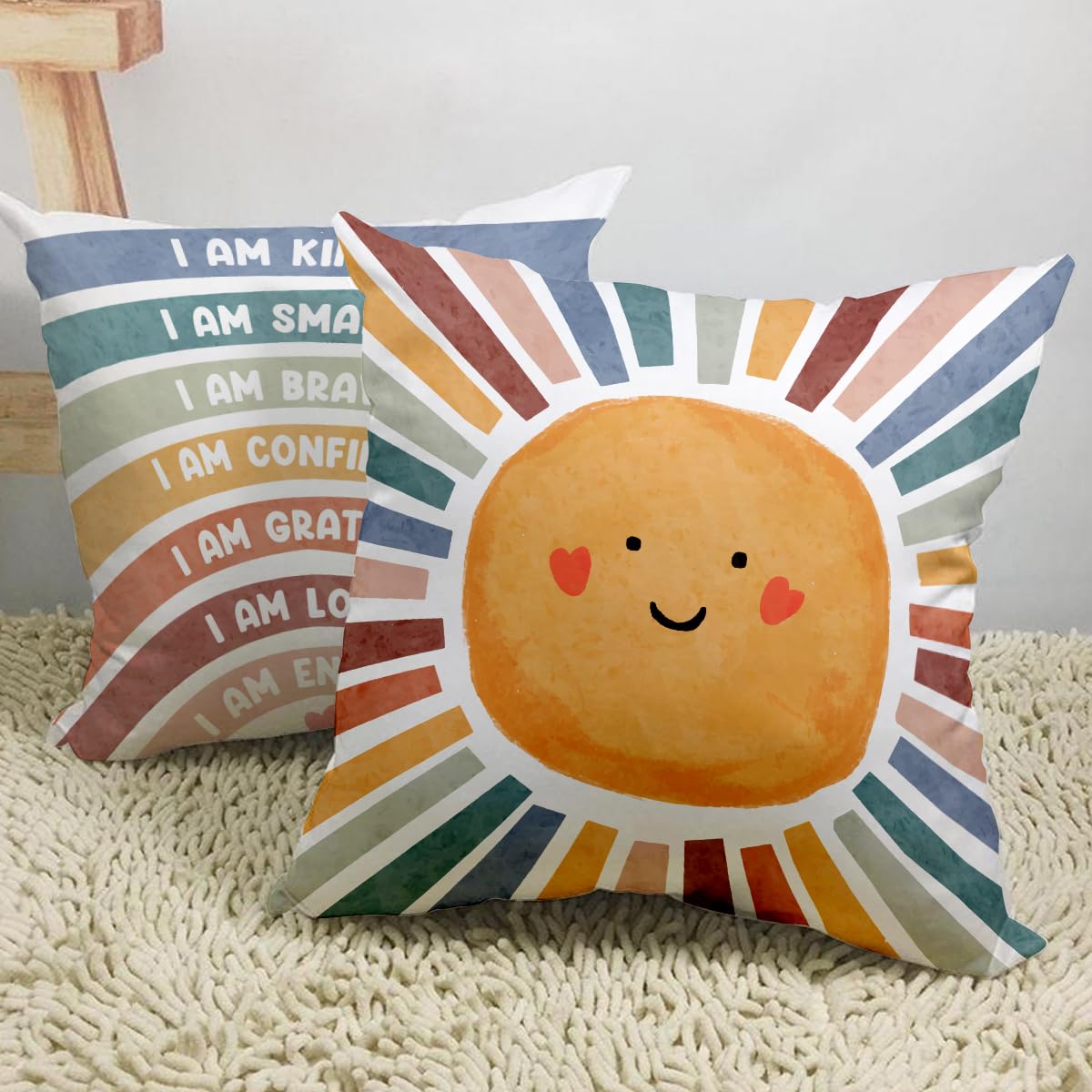 2 Pcs Boho Reading Corner Throw Pillow Covers 18x18 Inch, Positive Affirmation Rainbow Throw Pillows Square Cushion Covers, Rainbow Decorative Pillows for Calming Corner Nursery Toddler Room Playroom