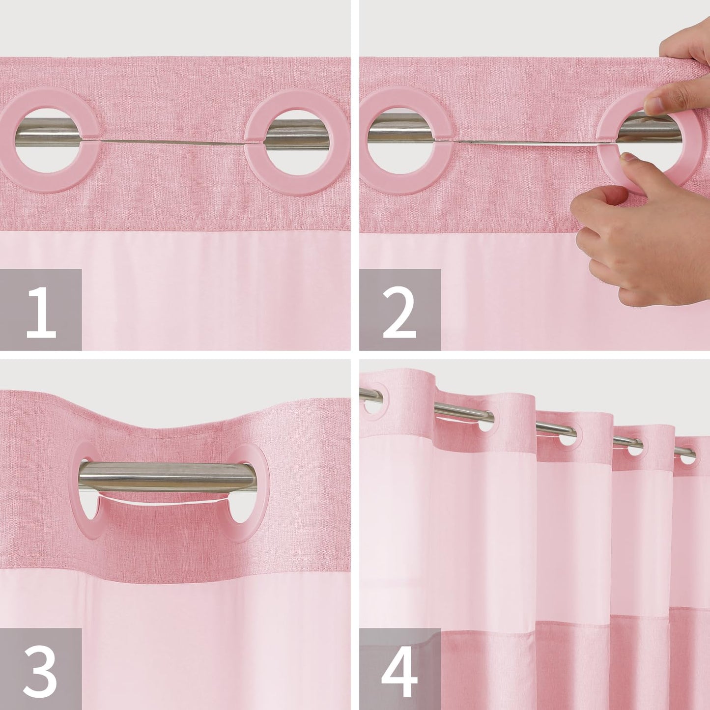 eachope Long No Hooks Needed Linen Textured Shower Curtain with Snap-in Fabric Liner Set,Hotel Luxury Decor Shower Curtains for Bathroom,Waterproof & Washable,71Wx80H,Pink