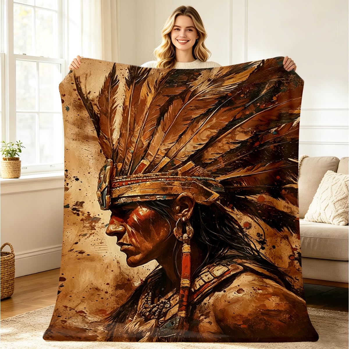 HUNXIAOJ Native American Throw Blanket for Couch Bed Indian Man Decor Throw Tribal Headdress Blanket Native American Gifts for Men Boy Soft Western Tribal Home Decor 49"x59"