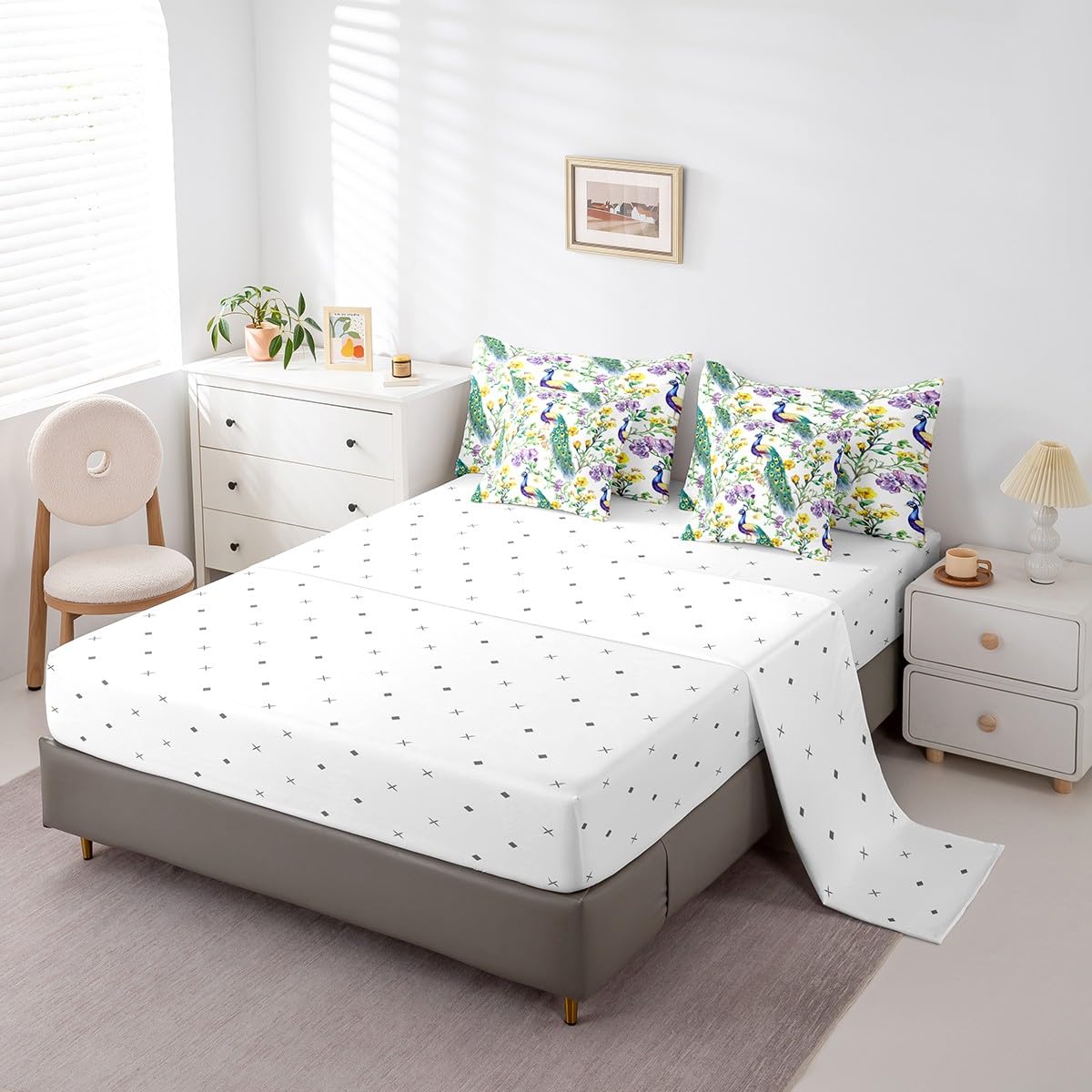 jejeloiu Peacock Comforter Set 7 Pieces Full Size Kids Floral Flower Bed in a Bag for Boys Girls Royal Peacock Bird Bedding Set Green,Comforter + Sheets + Pillowcases + Cushion Covers