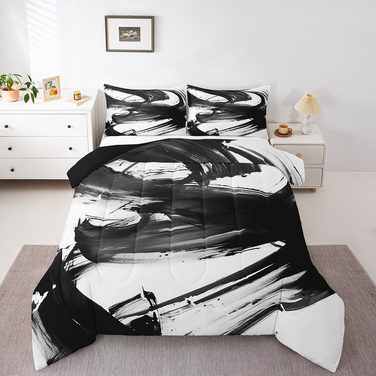 jejeloiu Black White Comforter Set Twin Size Abstract Line Bedding Set for Kids Boys Girls Decor Modern Art Duvet Quilt Soft Microfiber Bedroom Decor,with 1 Pillow Case