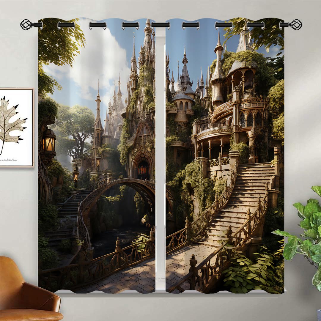 ONINUO Magic Castle Blackout Curtains for Girls Boy Home Decor, Fairy Tale Fantasy Enchanted Castle Grommet Thermal Insulated Drapes Darkening Window Curtain for Bedroom Living Room, 42 x 45 Inch