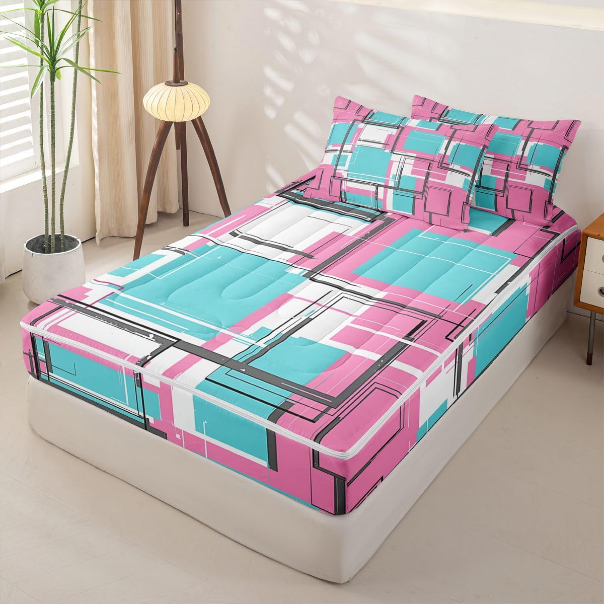 Erosebridal Graffiti Geometric Zippered Comforter Set Fashion Square Lines Zipper Bedding Set Full Size Aesthetic Patterns Bed in a Bag Modern Fashion Geometric Comforter with Sheets