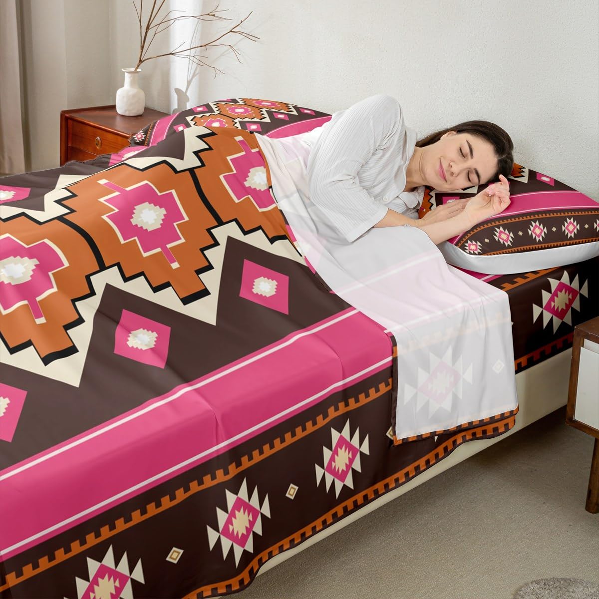 Feelyou Boho Aztec Bed Sheets Set King Size West Bed Set for Kids Boys Girls Pink Brown Deep Pocket Fitted Sheet Western Breathable Soft Lightweight Microfiber