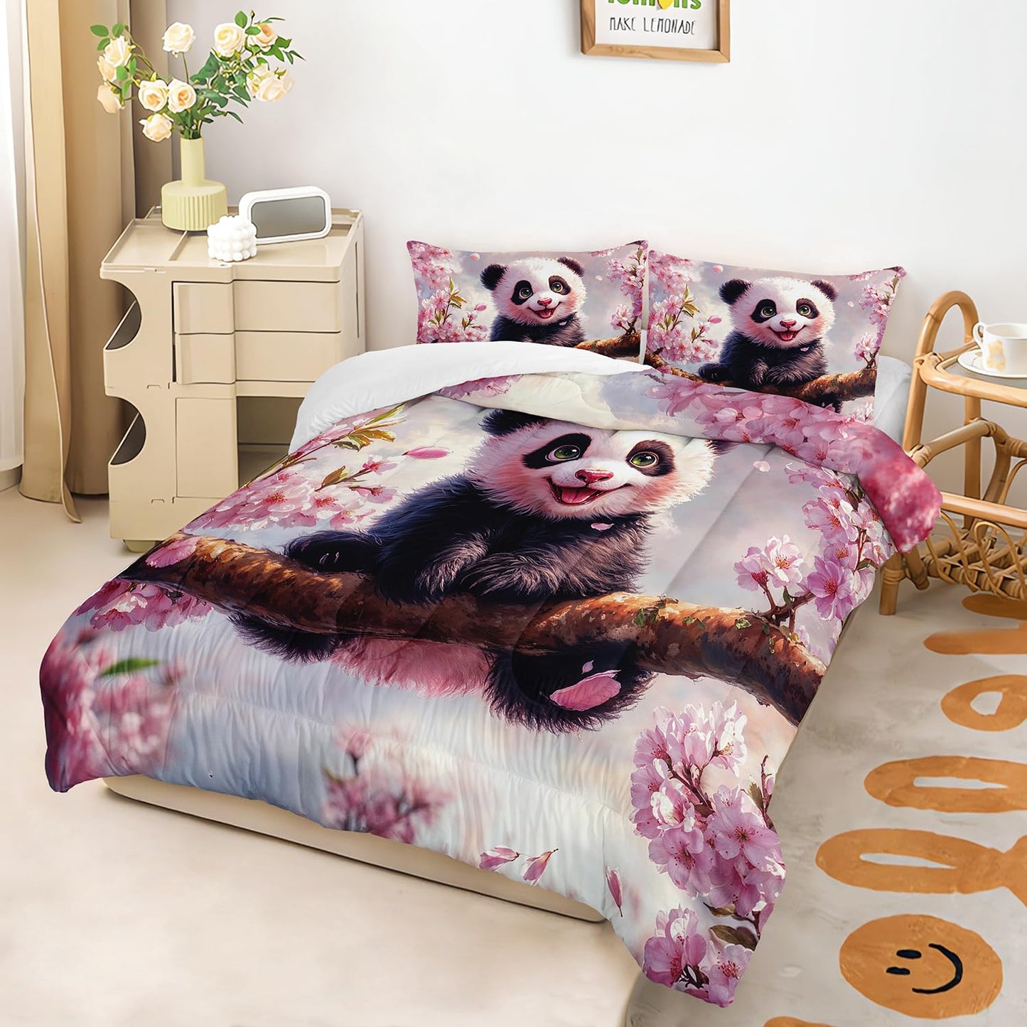 Kawaii Black White Panda Comforter 3Pcs Queen Wild Animal Bear Bedding Set