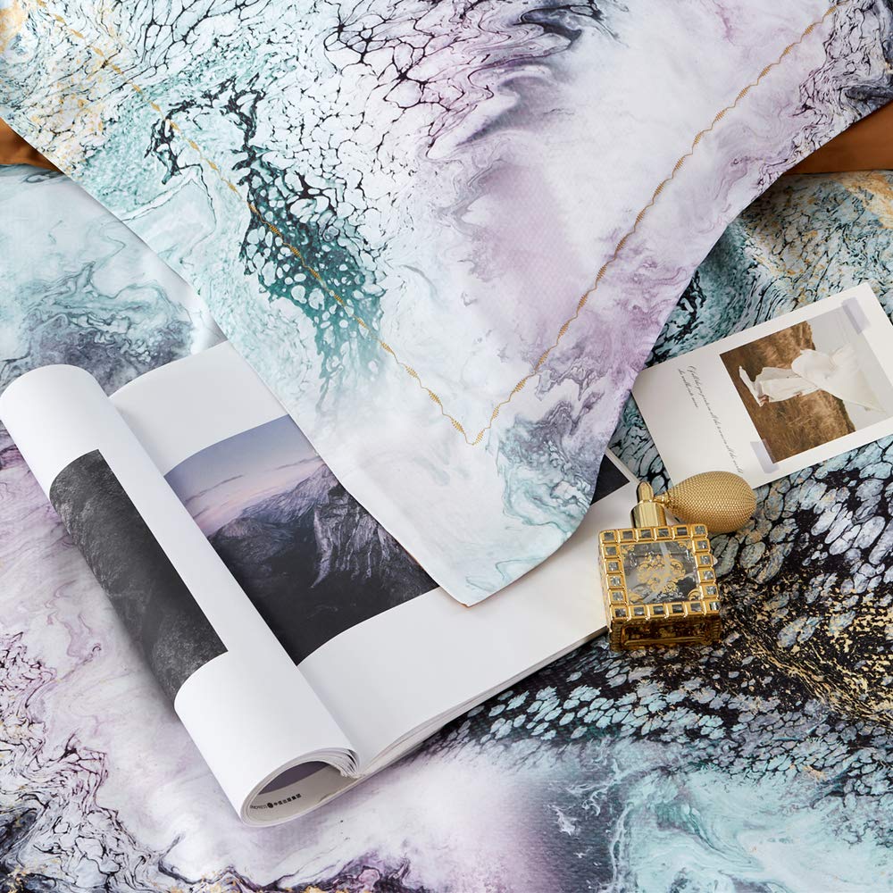 MILDLY 100% Long Staple Cotton Duvet Cover Set Green Golden Grey Mixed Marbling Pattern Printed Comforter Cover Set