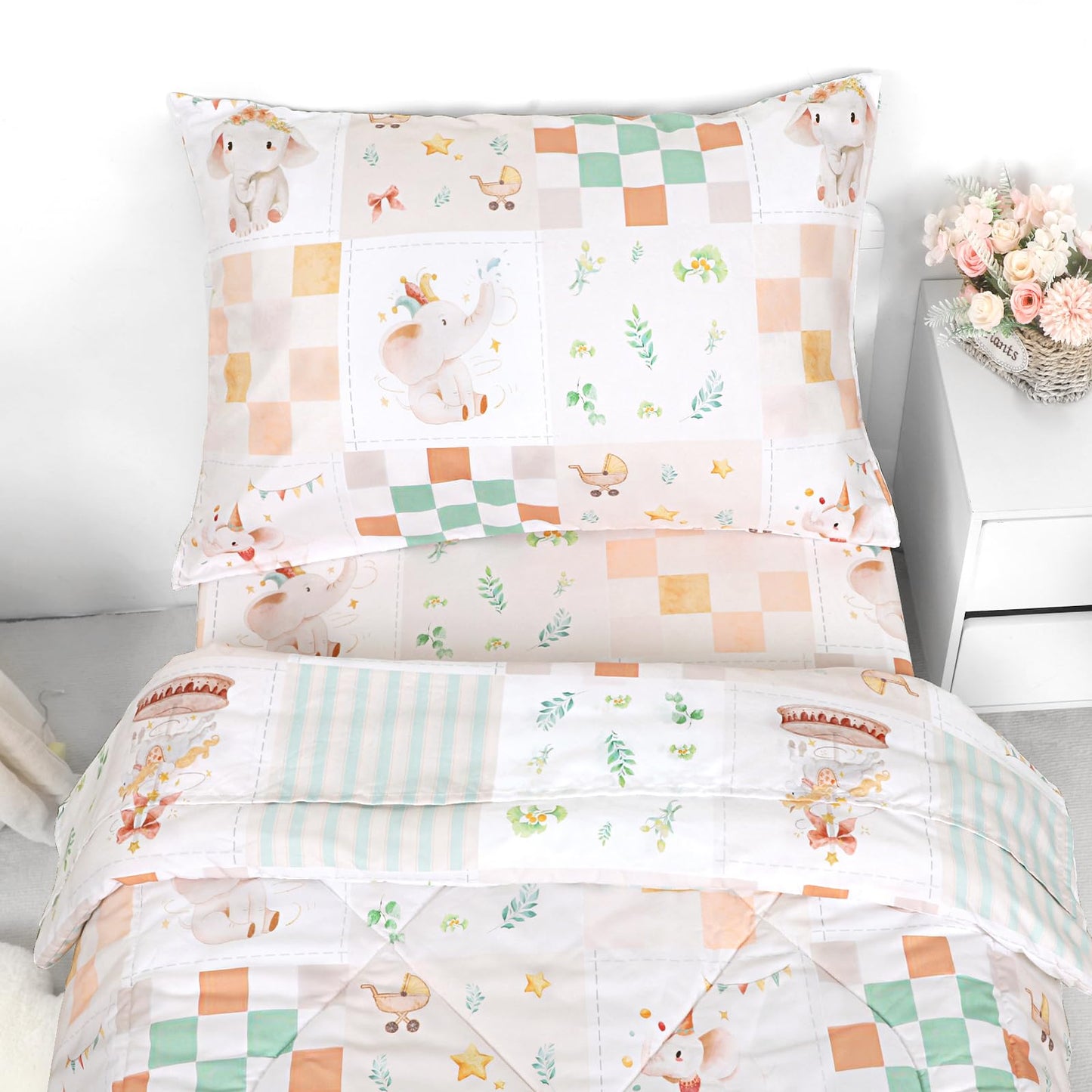 SWESEN Toddler Bedding Set for Girls, Toddler Girls Bedding Set, Soft & Lightweight 4 Piece Toddler Comforter Sets Include Comforter, Flat Sheet, Fitted Sheet, Pillowcase, Elephant