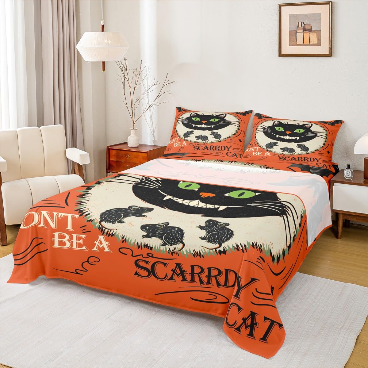 Feelyou Kids Halloween Sheet Set Full Size, Horror Decor Bedding Set Black Cat Bed Sheets Set Boys Girls Happy Halloween Teens Bedroom Decor Soft Bed Set 4Pcs