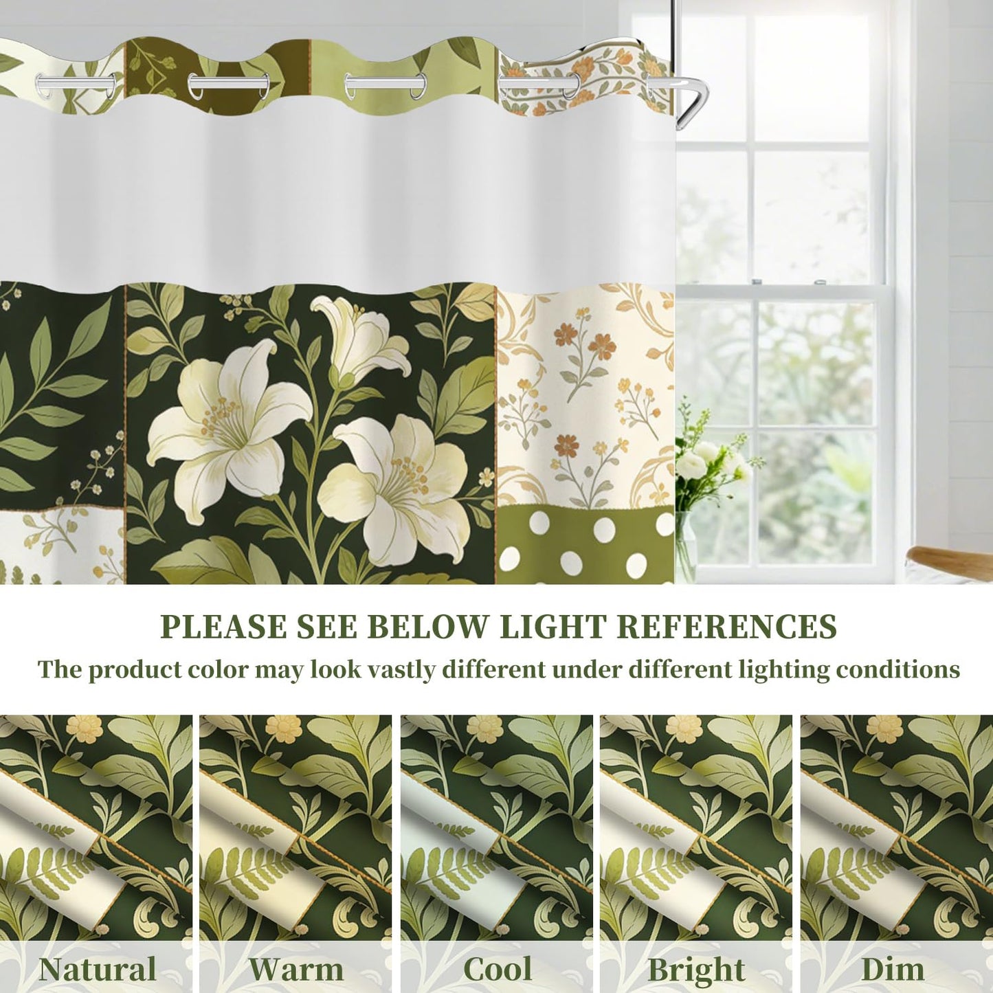 NAEMBCU Boho Floral No Hook Shower Curtain with Snap in Liner Set 71x74 in