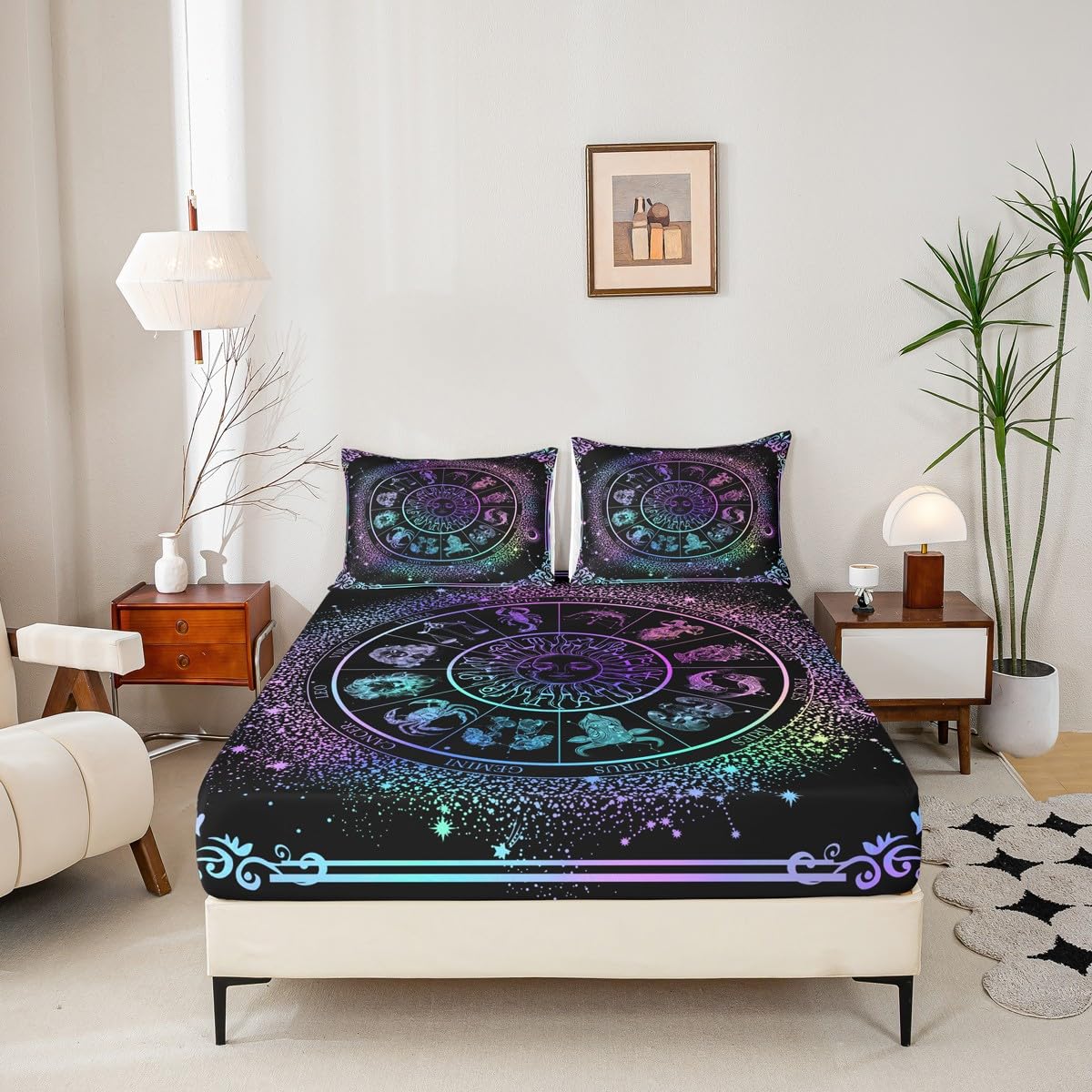 Sun Moon Bed Sheets Zodiac Astrology Bedding Set King Constellations Galaxy Sheet Set Spiritual Gifts for Girls Teens Women,Trippy Leo Aquarius Fitted Sheet Purple Blue Flat Sheet + 2 Pillow Cases
