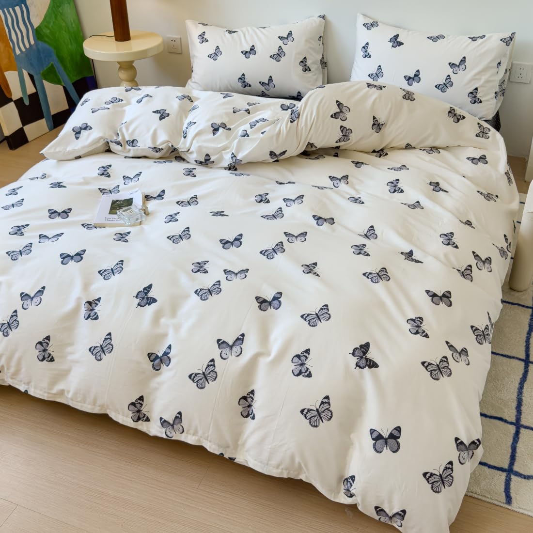 LIWHENHAO Butterfly Duvet Cover Set Queen 100% Cotton Bedding Cartoon Black Butterflies Print on Cream White 1 Kawaii Cute Animal Comforter Cover Full 2 Pillowcases for Kids Girls Boys Woman