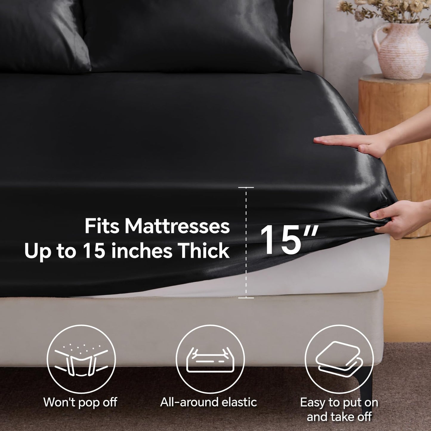 BEDELITE Satin Fitted Sheet Queen Size with Elastic Corner Straps, Luxury Soft Silk-Like Bed Sheet for Hair & Skin, 1 Deep Pocket Fitted Sheet Only Fits 15" Mattress, Fade & Wrinkle Resistant, Black