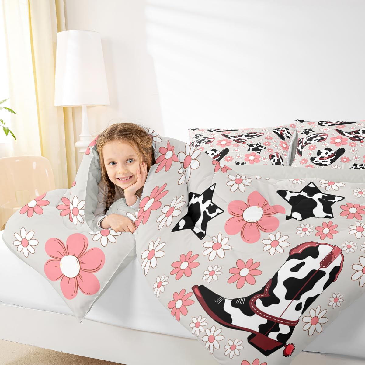 Feelyou Western Bedding Set Soft for Boys Girls, Cowgirl Floral Comforter Set Full Size Western Cowboy Boots Duvet Quilt Wild West Cactus Flower Bedroom Decor Gray Pink 3 Pcs with 2 Pillow Cases