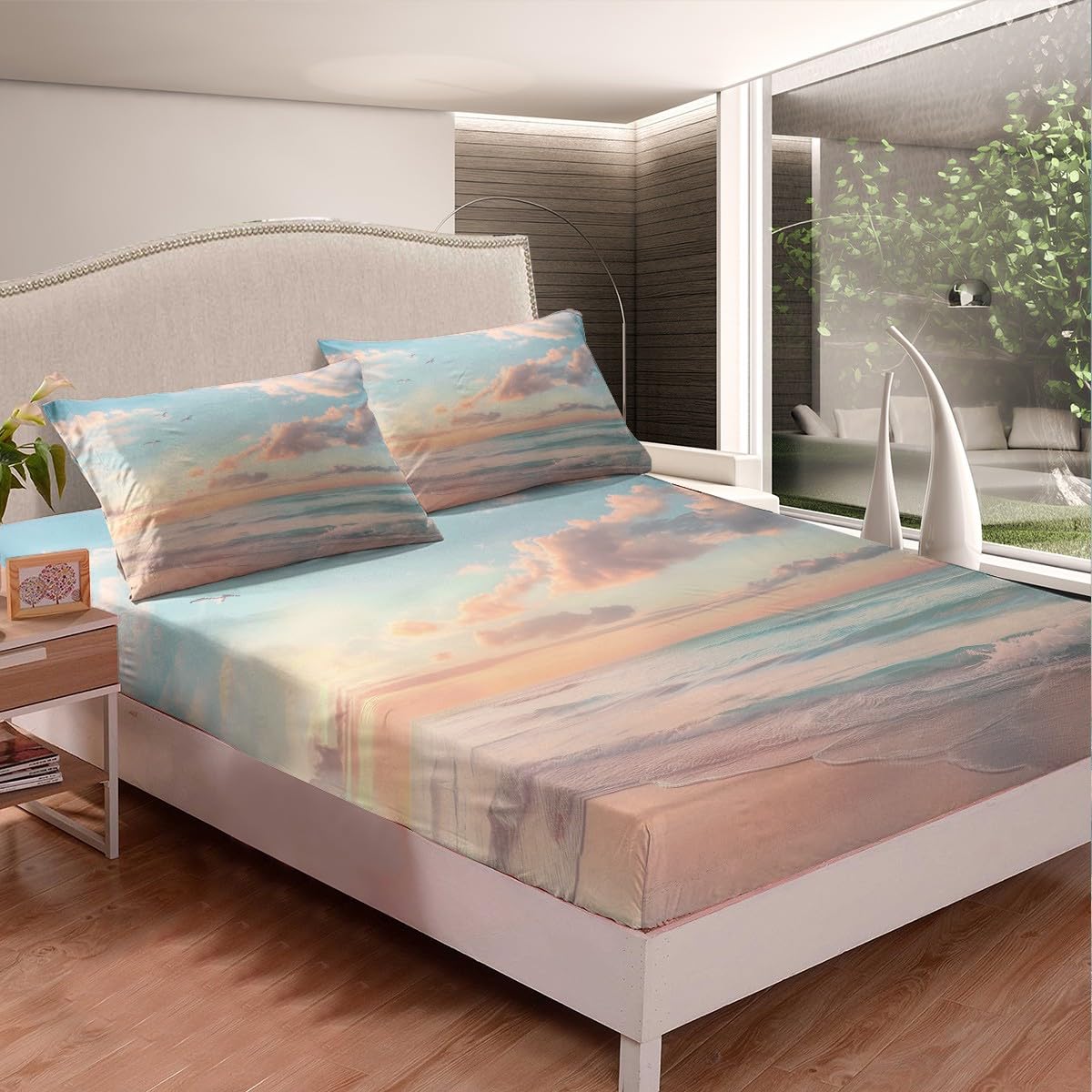 jejeloiu Beach Theme Fitted Sheet Full Size Kids Summer Ocean Wave Bed Sheets Set for Boys Girls Teens Sea Marine Coastal Natural Scenery Bedding Set Room Decor