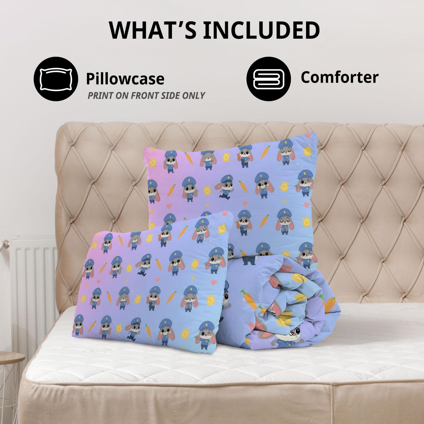 Allenjoy Cute Rabbit Carrot Police Animal World Comforter Set with 1 Pillowcase for Kids Boys Girls Teens Fans Bedroom Nursery Bedding Room Decor, Machine Washable, Twin Size