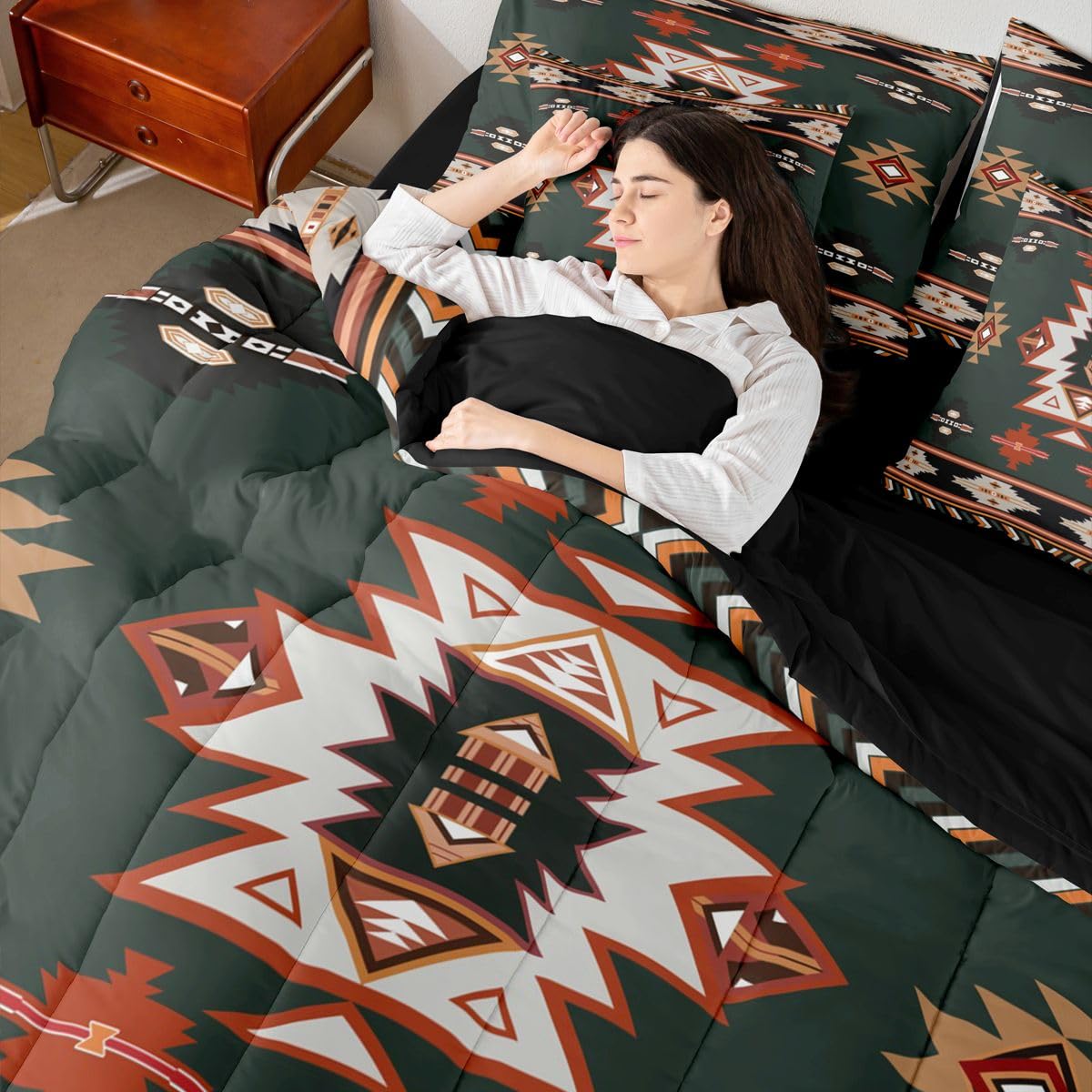 Erosebridal Western Twin Comforter Set with Sheets | Boho Decor Geometric 7 Piece Bedding Set Bohemian Aztec Bed in a Bag, Ethnic Tribal Arrow Room Decor,Green