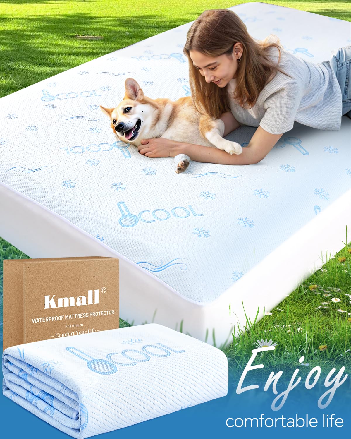 Premium Cooling King Size Mattress Protector - 100% Waterproof & Breathable Cool 3D Air Fabric Bed Mattress Cover, Ultra Soft Noiseless Mattress Pad for 8"-21" Deep Pocket, Machine Washable (White)