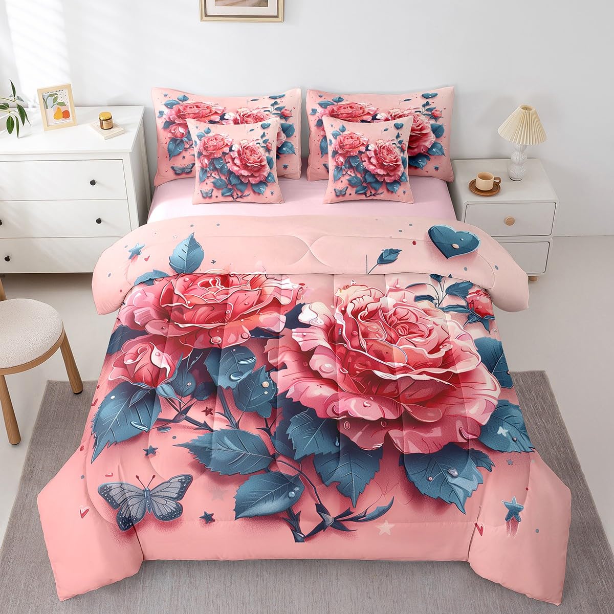 Feelyou Kids Rose Bed in A Bag Queen Size, Valentine's Day 7 Pieces Bedding Set Boys Girls Rose Floral Flower Comforter Set with Sheets Romantic Teens Bed Set Bedroom Decor 7Pcs