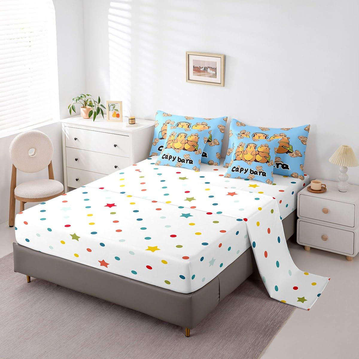 Kawaii Capybara Comforter Set 7 Piece Bed in a Bag Twin, Cartoon Rodents Bedding Sets Cute Beaver Wild Animals Pattern Comforter and Sheet Set, Wild Safari Natural Theme Wildlife Print Bed Set, Blue