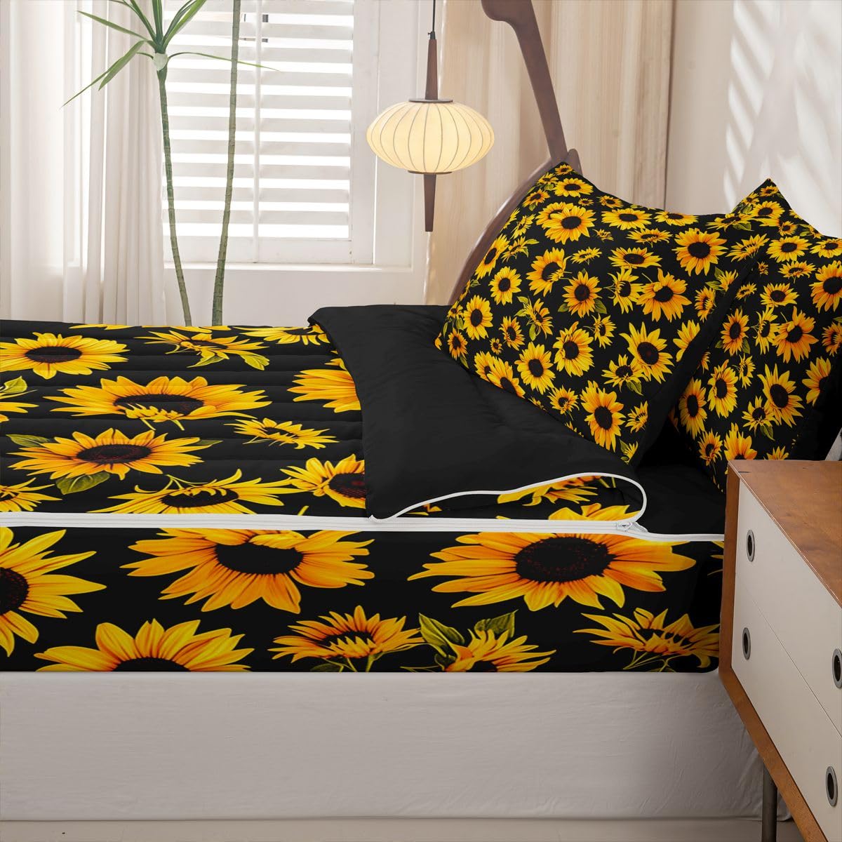 Feelyou Sunflower Comforter Set Queen Botanical Floral Zipper Bedding Set for Kids Boys Girls Yellow Sunflower Bed in a Bag Microfiber with 2 Pillow Cases