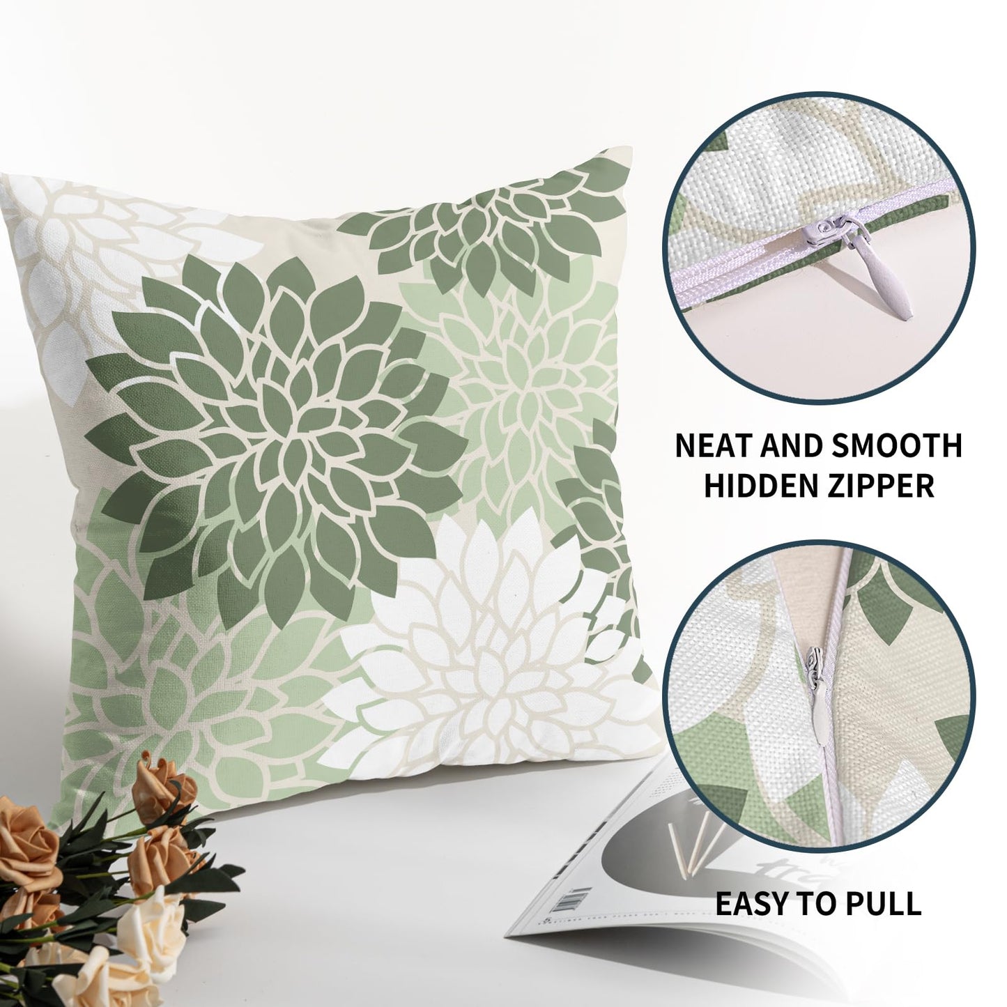 aportt Sage Green White Floral Pillow Covers 18X18 Inch Set of 2 Geometric Dahlia Flower Decorative Pillow Cases Modern Cotton Linen Cushion Case Farmhouse Home Decor for Sofa Couch Bedroom
