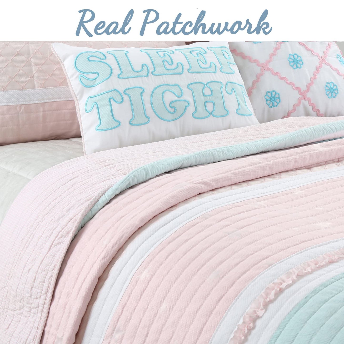 Cozy Line Home Fashions Light Pink Blue Ruffles Girl 100% Cotton Reversible Quilt Bedding Set, Coverlet, Bedspread (Candy, Twin - 2 Piece: 1 Quilt + 1 Sham)