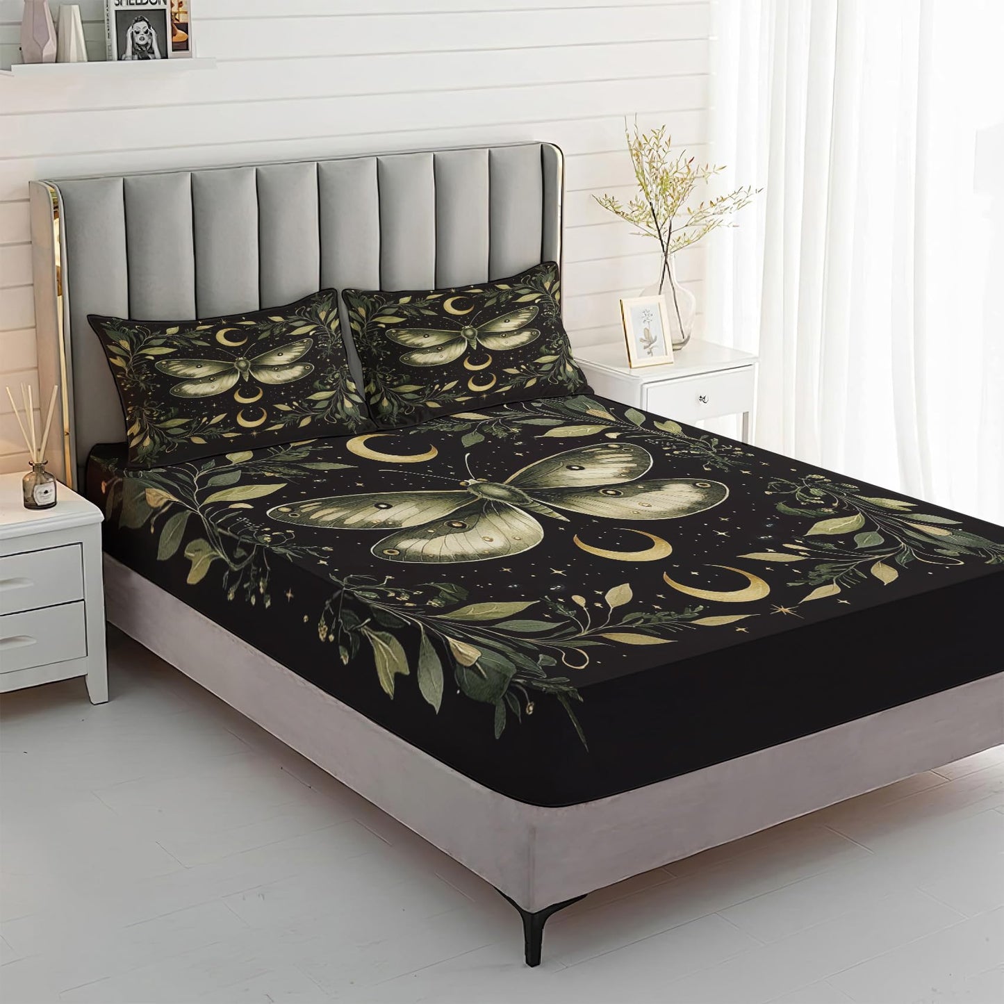 MPNVYU Moth Sheets Queen Sheet Set, Moon Phase Bed Sheets, Gothic Bedding Bedroom Decor, Soft Microfiber Deep Pocket Fitted Sheet & Flat Sheet & 2 Pillowcases