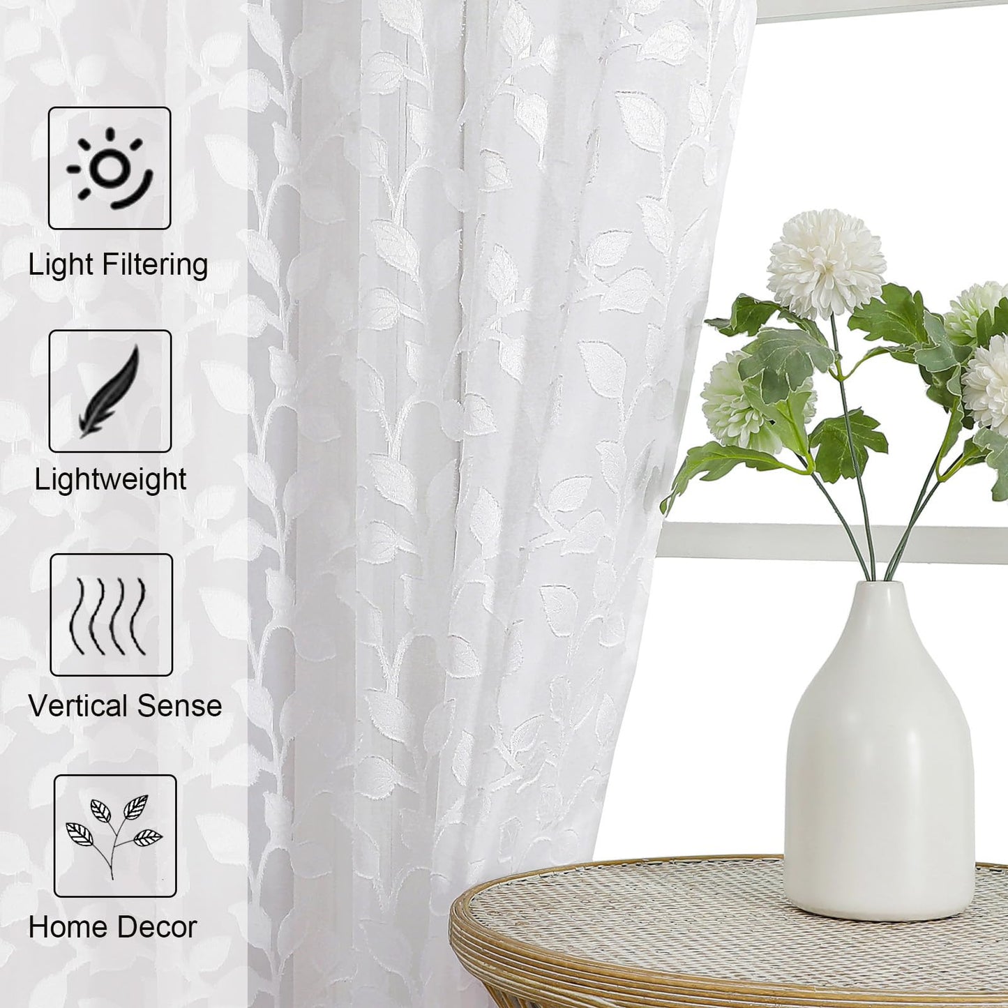 Chyhomenyc White Sheer Curtains 84 Inch Length 2 Panels Set, Light Filtering Tufted Textured Soft Airy Rod Pocket Gentle Leaf Window Treatment Drapes for Bedroom Living Room, 42" Wx84 L, 2PCS