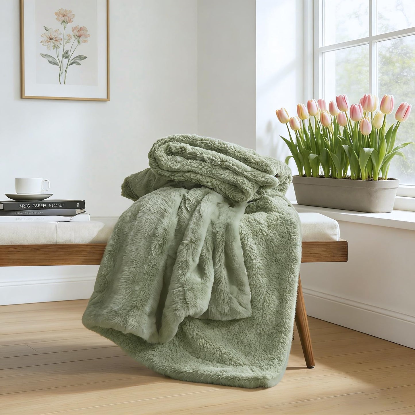 COZYART Lint Free Faux Fur Sherpa Throw Blanket, Reversible Soft Fluffy Shaggy Microfiber, Warm Cozy for Couch Sofa Bed Home Decor, Sage Green 50x60 Inches