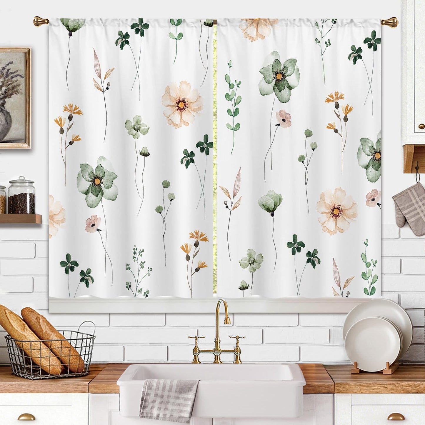 Cizuug Kitchen Curtains Boho Country Green Flower Small Short Small Short Cafe Tier Curtains Decor for Living Dining Room Bathroom RV Rod Pocket Window Drapes Treatment 2 Panels (27.5x39Inch)
