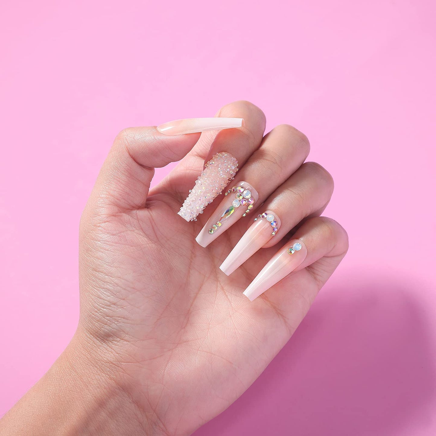 Kikmoya Extra Long Coffin Press on Nails, Crystal Luxury Nails with Silver Opal rhinestones, Pink French Mixed Light Ombre, 24pcs Glossy False Fake Tips, Finger Manicure for Women (K29)