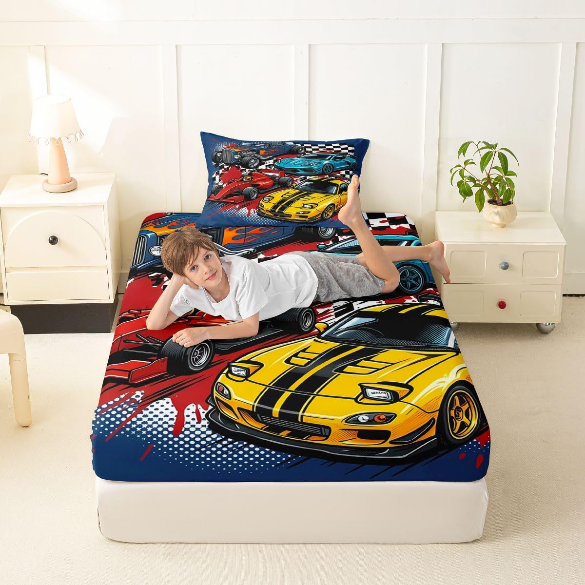Feelyou Boys Race Car Fitted Sheet Twin Size for Kids Boys Girls Speed Sports Car Bed Sheets Set 16" Deep Pocket Soft Breathable Extreme Sports Bedding with 1 Pillowcase Automobile Room Decor