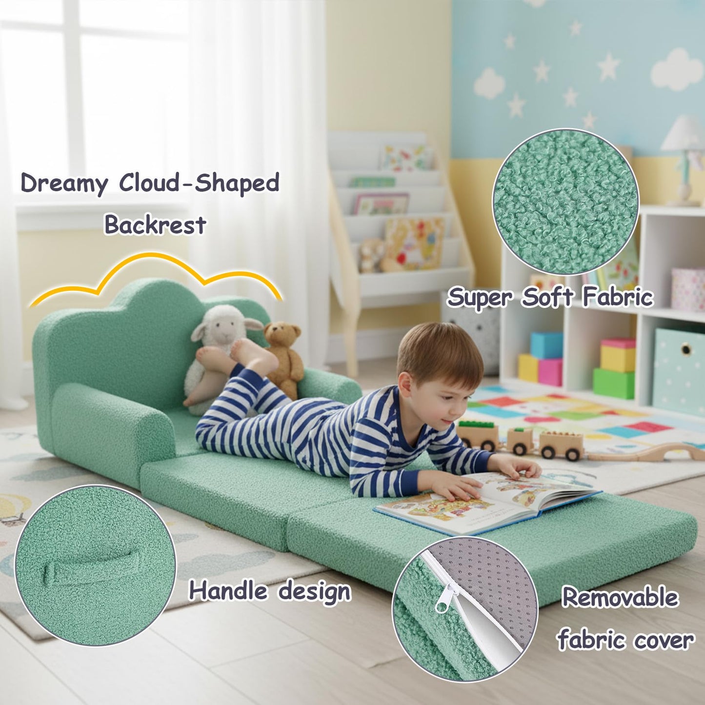 Tiita Kids Sofa, Foldable Nursery Toddler Couch, Childrens Couch with Carry Handle, Portable Toddler Foam Sofa Couch, Lightweight Kids Chair for Playroom, Dorm Room, Small Space, Green