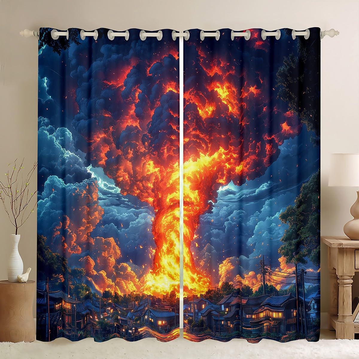 Erosebridal Fire Tornados Curtains 38" Wx45 L,Burning Tornado Window Curtains Drapes,Nature Scenery Bedroom Room Decor for Kids Boys Adults