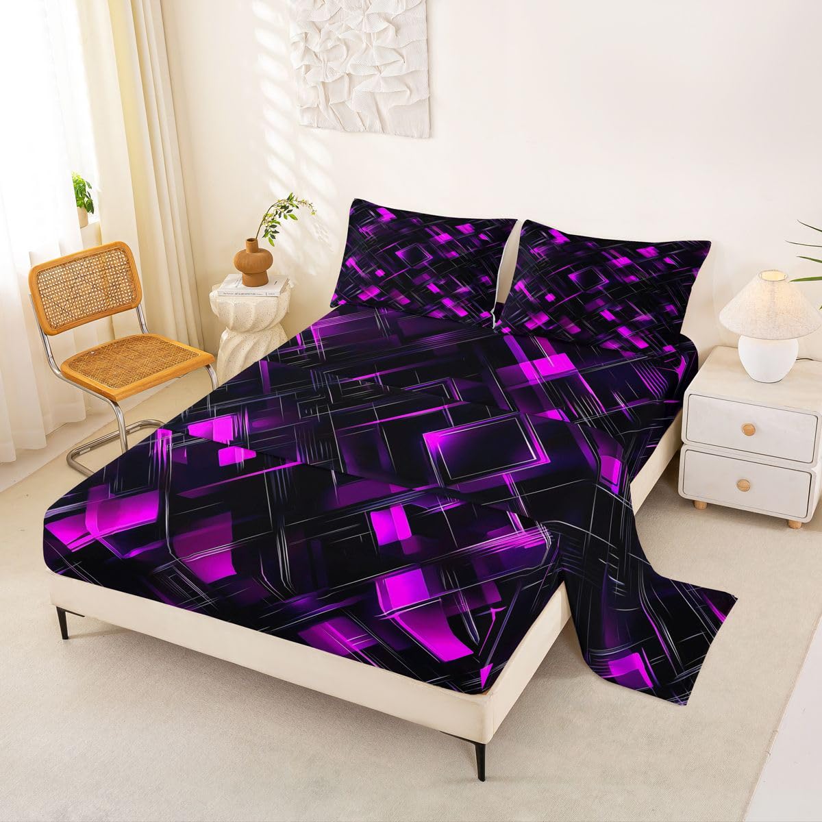 Feelyou Black Pink Bed Sheets Set Queen Size Geometric Checkered Bed Set for Kids Boys Girls Abstract Stereoscopic Grids Deep Pocket Fitted Sheet Breathable Soft Lightweight Microfiber