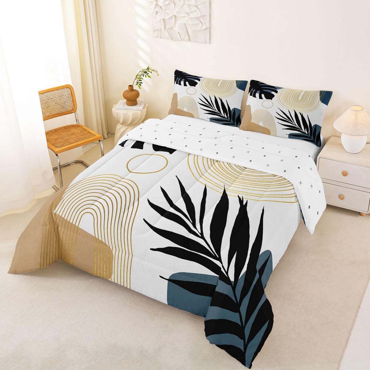 Erosebridal Abstract Tropical Twin Bedding Set, Chic Boho Plant Palm Leaf Comforter Set for Adults, Bohemian Mid Century Simple Minimalist Comforter, Modern Geometric Lines Aesthetic Quilt