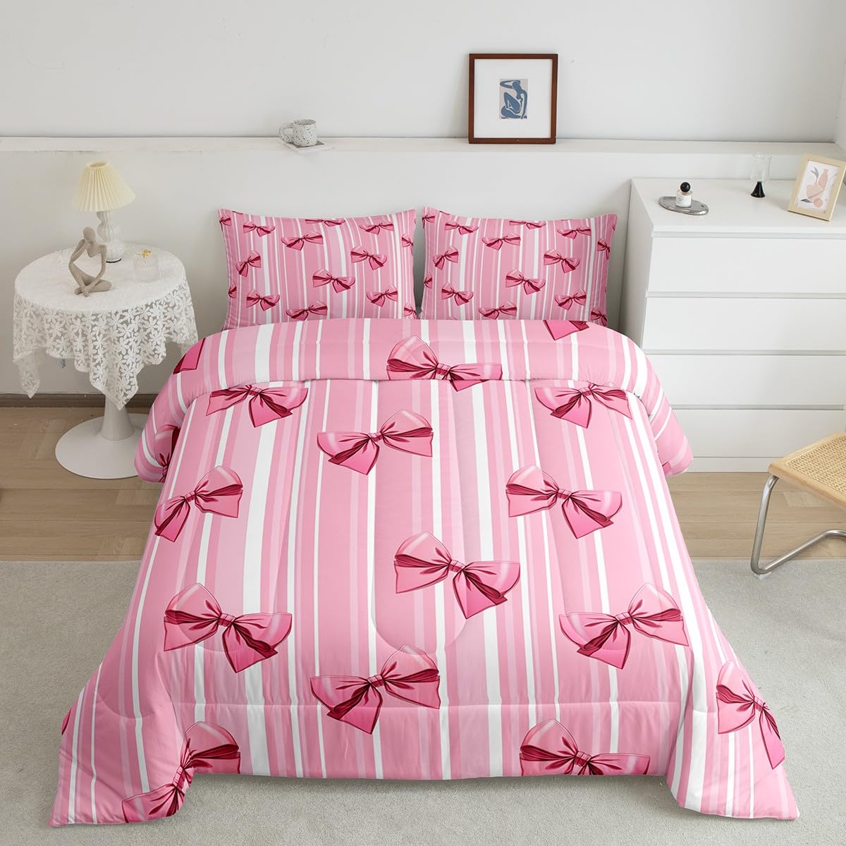 Erosebridal Pink Bowknot Bedding Set for Girls Bedroom, Dreamy Princess Full Size Comforter Set, Cute Bow Girly Down Comforter, Kawaii Stripes Quilt,Lightweight Bedroom Decor