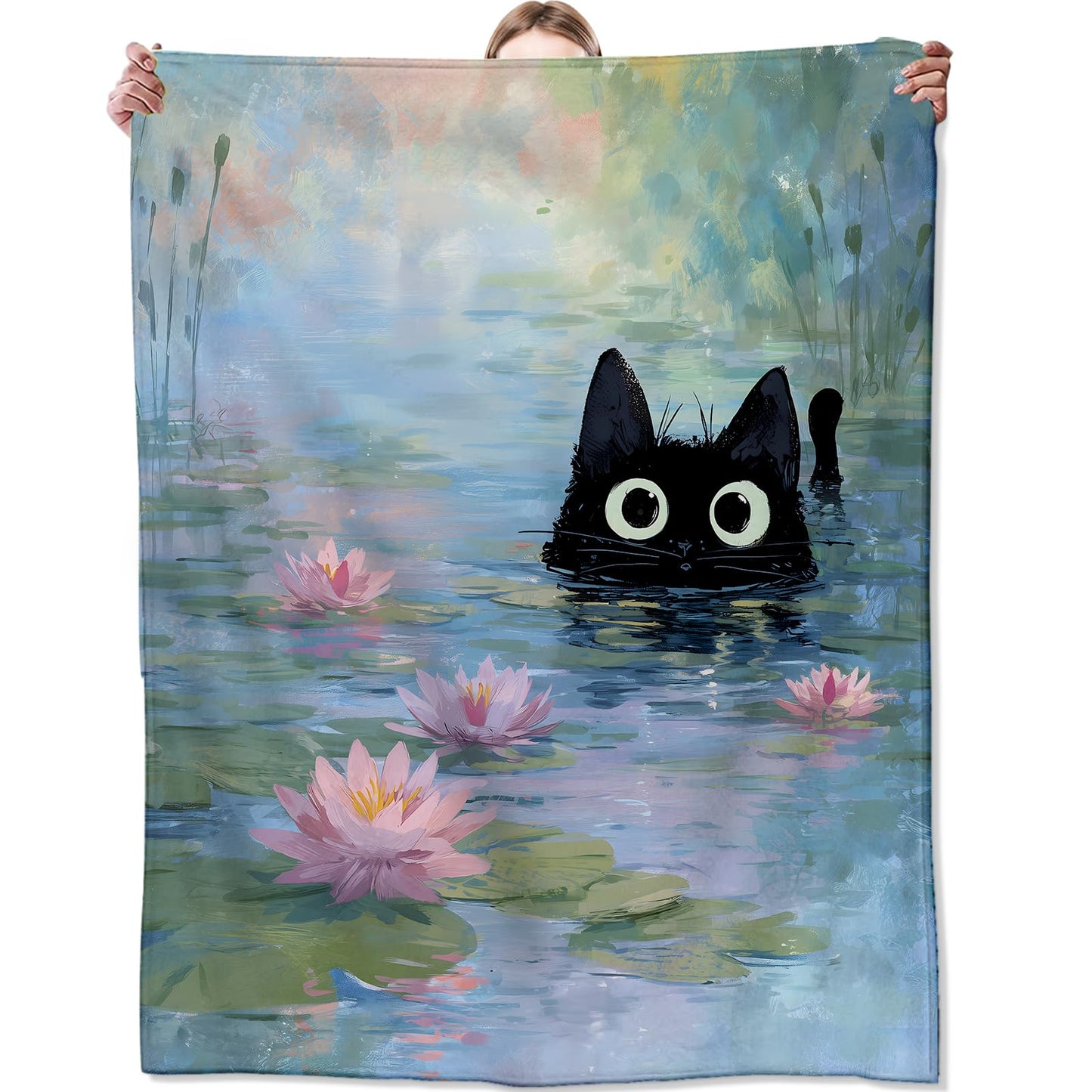 Zeleda Cute Cat Flannel Blanket, Soft Cozy Throw with Kitten and Lily Pond, Lightweight Blankets for All Seasons, Oil Painting Dreamy Floral Home Sofa Bed Decor and Gifts for Women Girls, 50x60 Inch